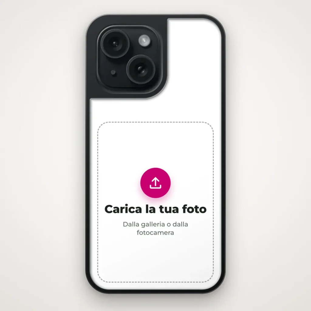 Cover personalizzata con bordo nero in gomma e piastra bianca: carica la tua foto